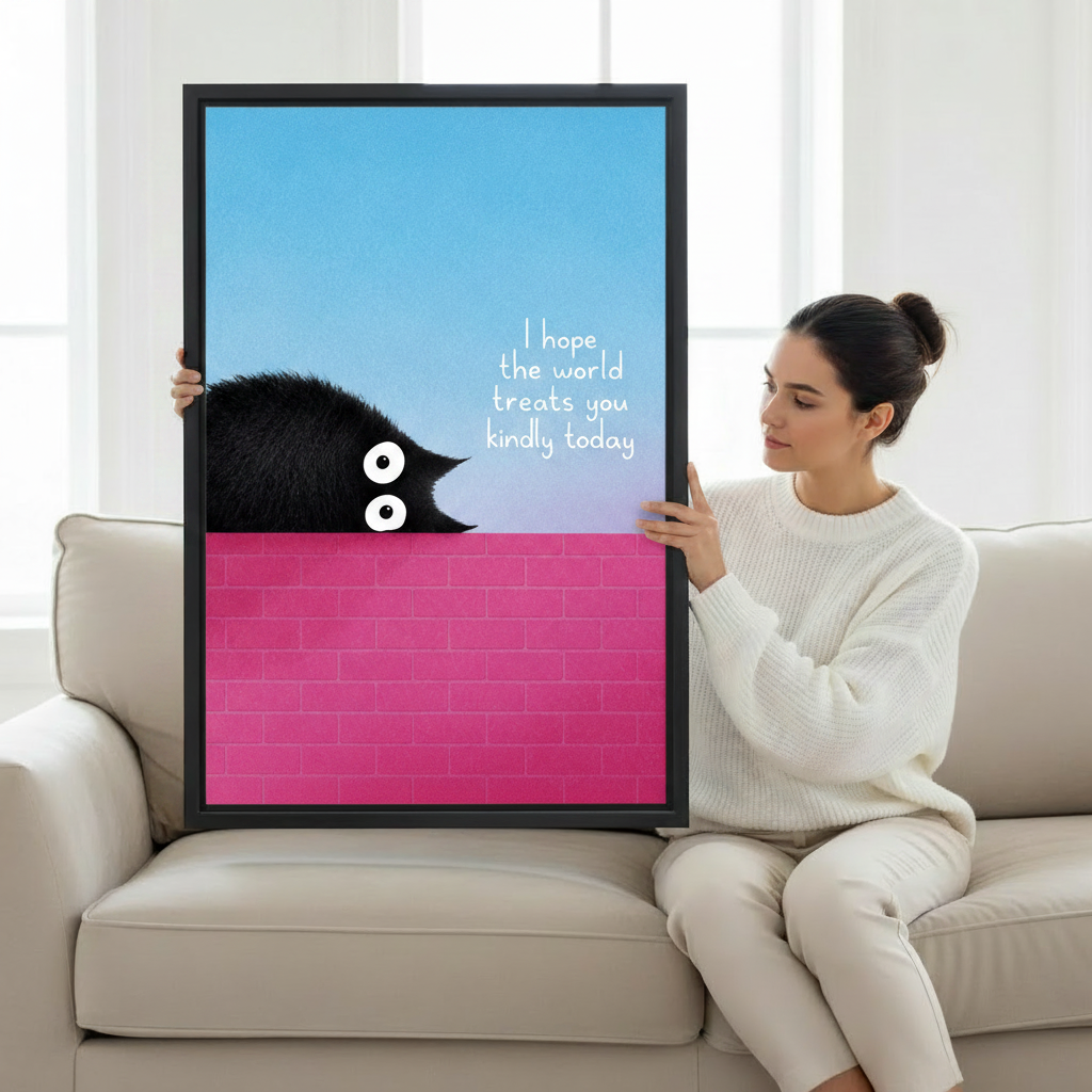 Black cat pink wall framed canvas print above wooden stool, whimsical wall art