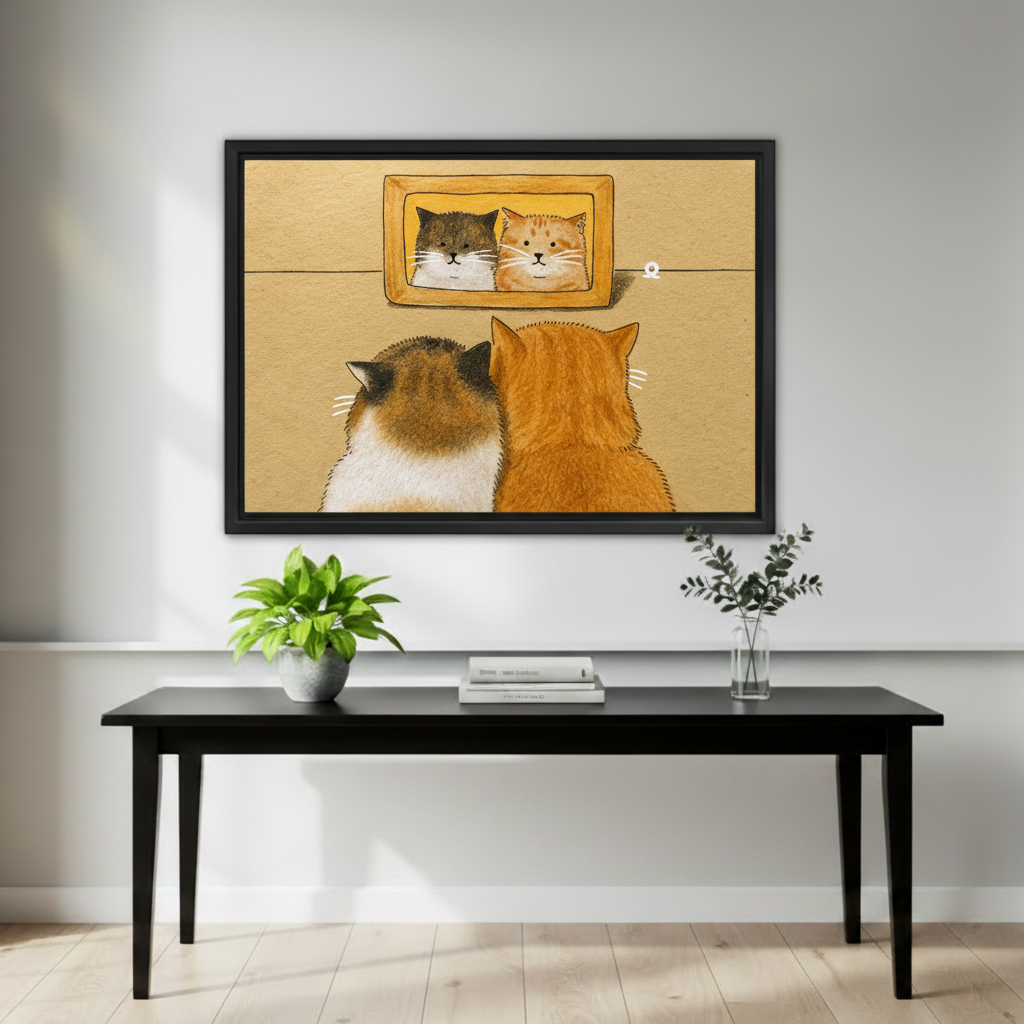 Whimsical cats mirror canvas print displayed in bedroom, framed wall art