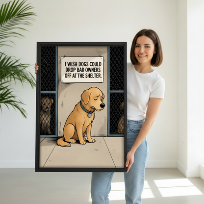 Woman holding funny dog shelter humorous comic wall art print, black frame, golden retriever illustration, gift idea