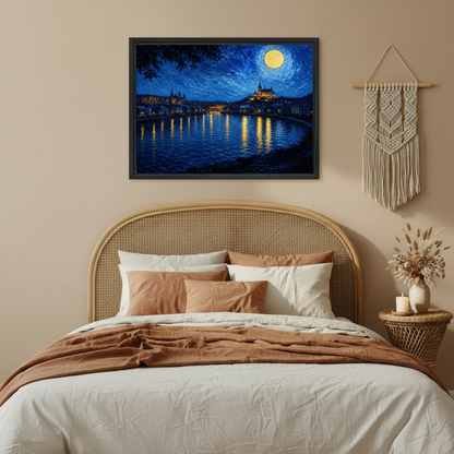 Van Gogh inspired starry night wall art print — glowing full moon over river and cathedral, canvas art for bedroom wall