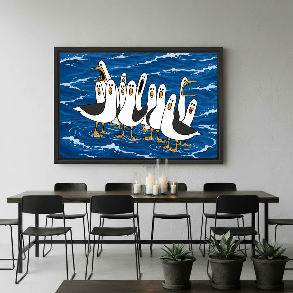Group of cartoon seagulls standing in ocean waves — funny coastal bird canvas print