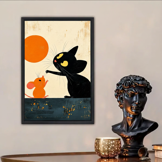 Black cat and orange mouse folk art canvas print displayed on wall above dark wood table with bronze sculpture