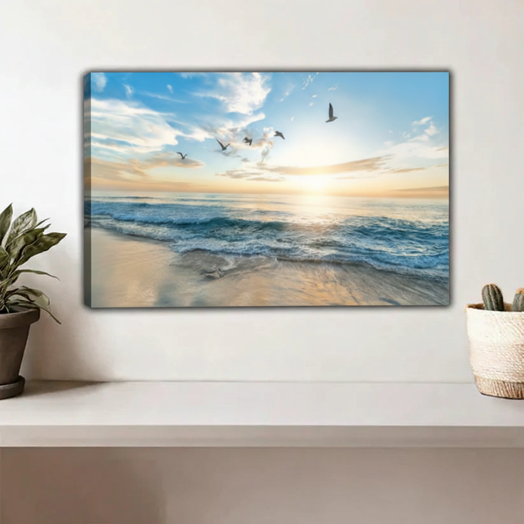 Coastal beach sunrise canvas print with seagulls flying over ocean waves, framed wall art for home