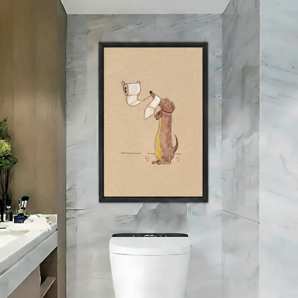 Funny dachshund toilet paper framed wall art print in black frame bathroom decor
