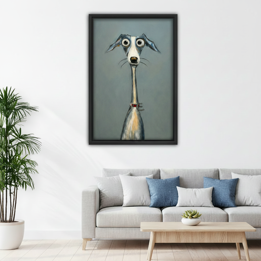 Whimsical greyhound dog framed canvas wall art in bedroom, black frame, funny pop art dog with long neck and red collar on grey-blue background, cozy bedroom wall decor