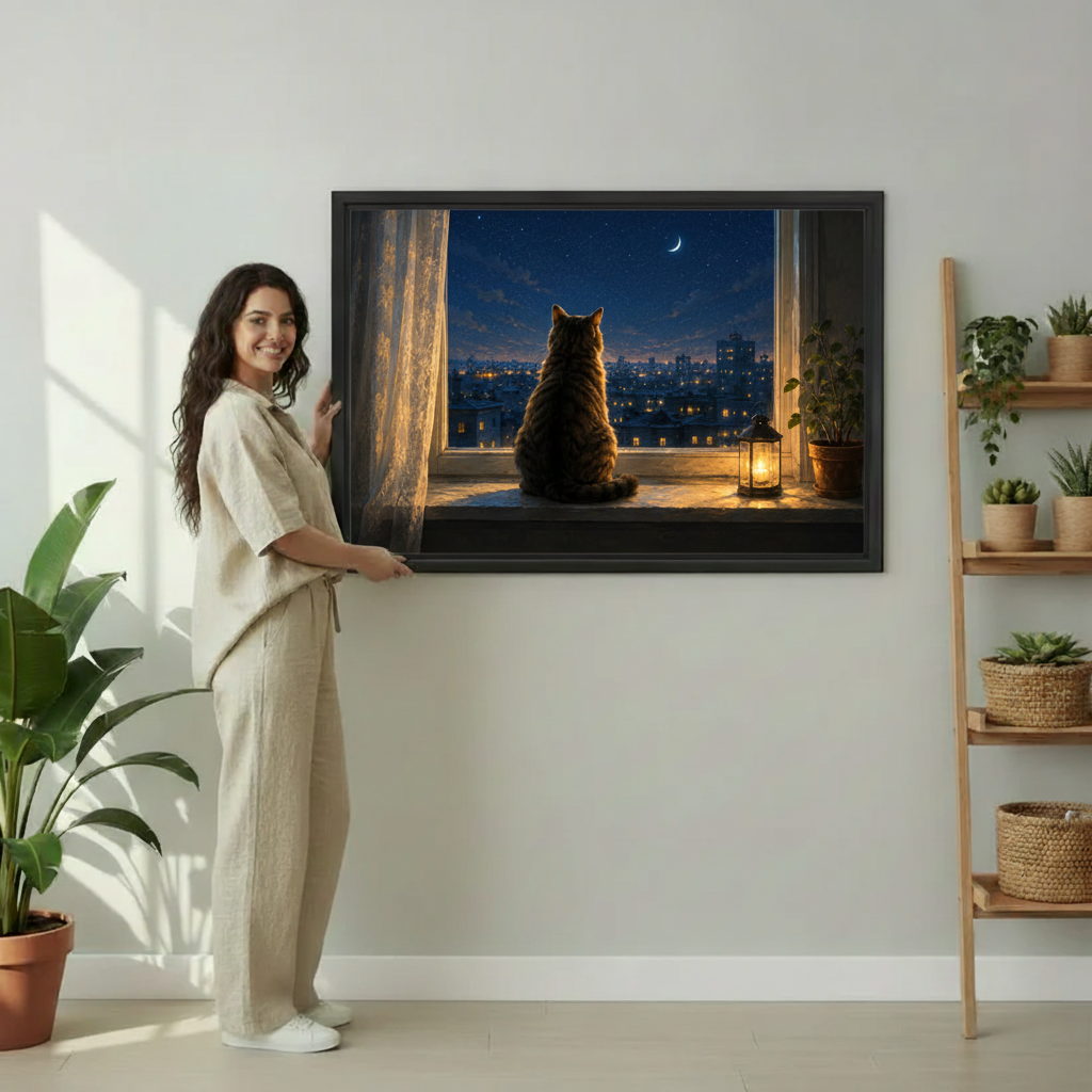 Woman holding cat watching moonlit city framed wall art print, atmospheric night oil painting canvas