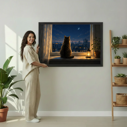 Woman holding cat watching moonlit city framed wall art print, atmospheric night oil painting canvas