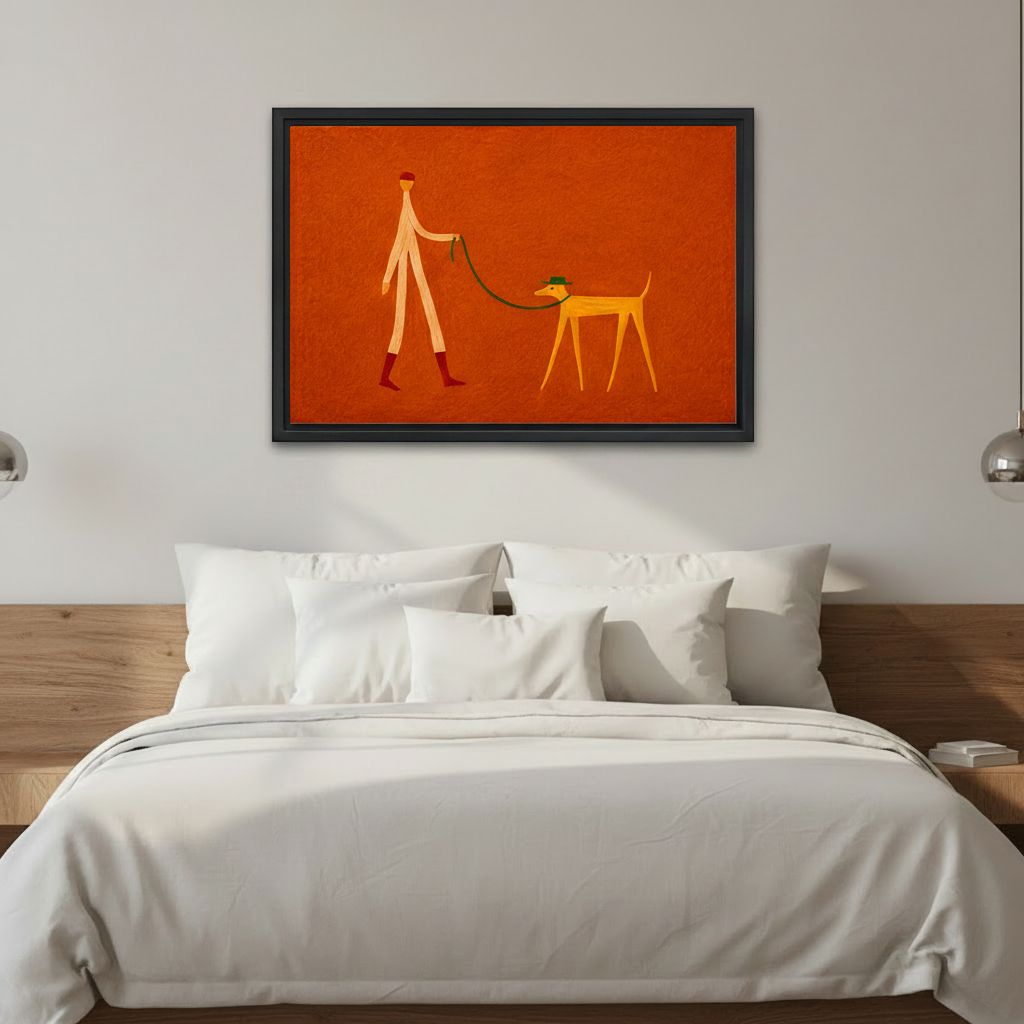 Minimalist dog walking canvas art on terracotta background — woman holding framed print in a bright modern interior