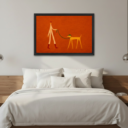 Minimalist dog walking canvas art on terracotta background — woman holding framed print in a bright modern interior