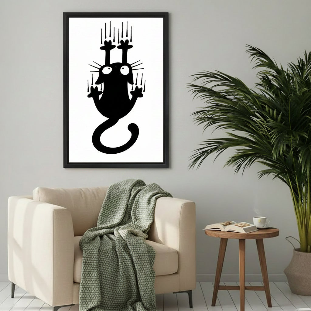 Funny black cat clinging wall canvas print displayed in beige living room, minimalist cat lover wall art