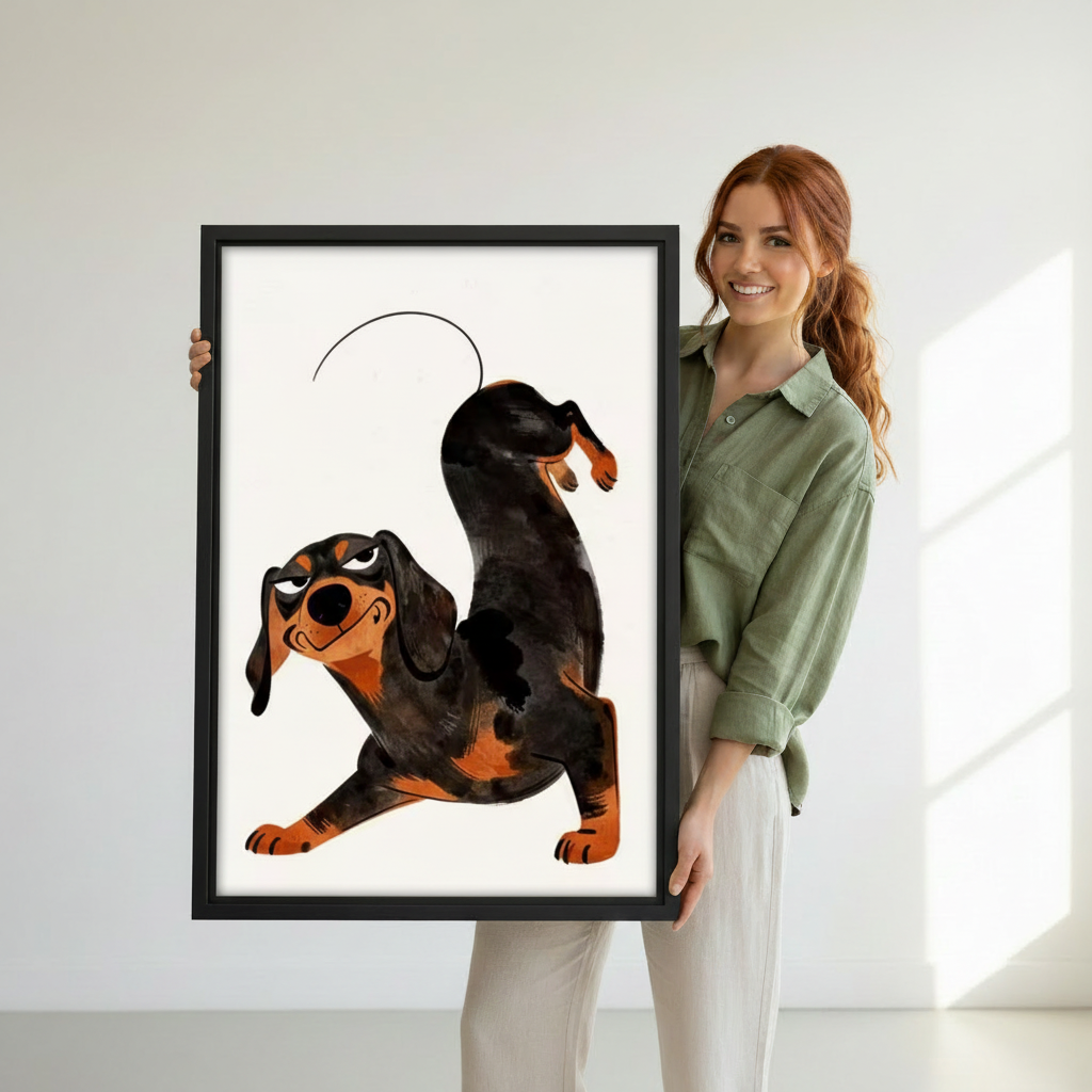 Woman holding funny dachshund vintage cartoon framed art print against white wall — humorous retro dog wall art lifestyle photo