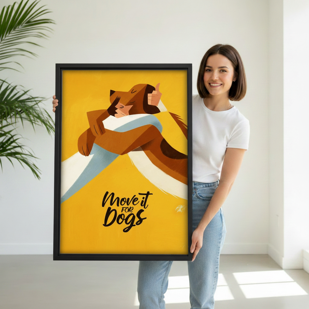 Move It For Dogs retro poster framed canvas hanging in dining room, vibrant yellow background dog hug print with handwritten slogan, unique dog lover gift