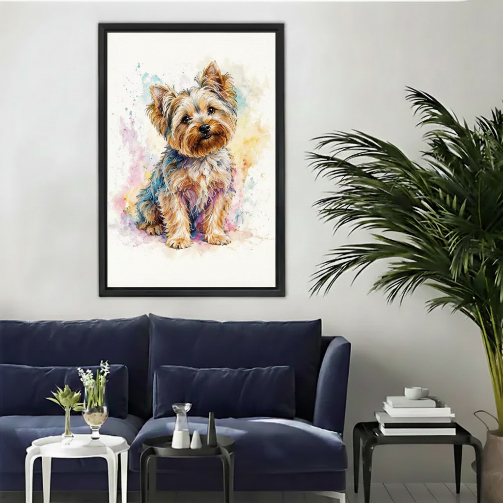 Watercolor Yorkshire Terrier framed canvas wall art print in modern living room