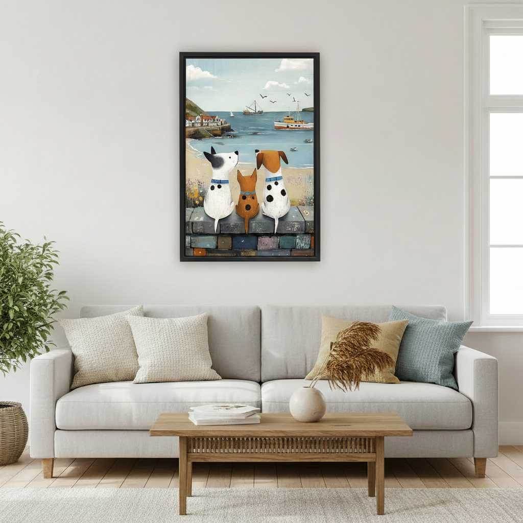 Nautical folk art three dogs on wall canvas print in dining room, coastal dog lover wall art decor