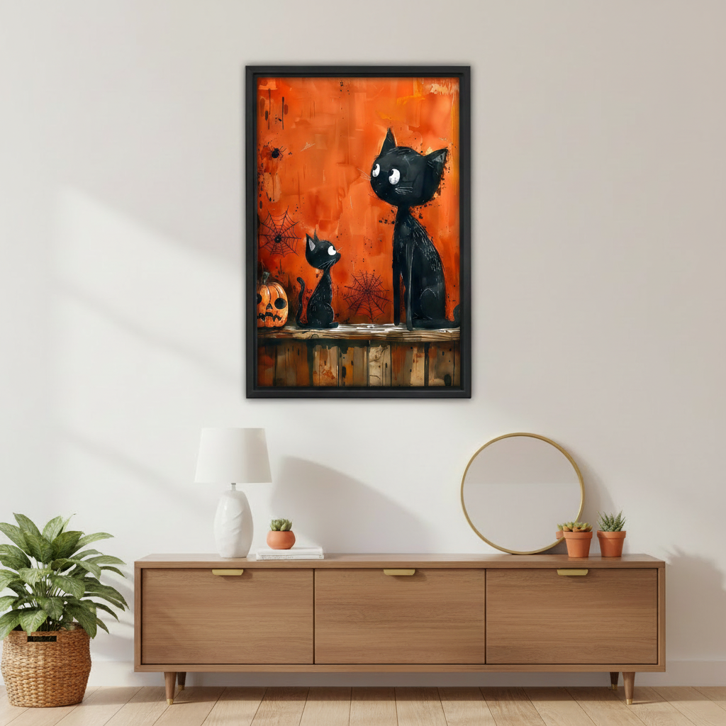 Two black cats wall art print, gothic orange background with spider webs and pumpkin, framed canvas home decor
