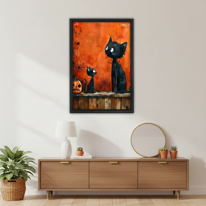 Two black cats wall art print, gothic orange background with spider webs and pumpkin, framed canvas home decor