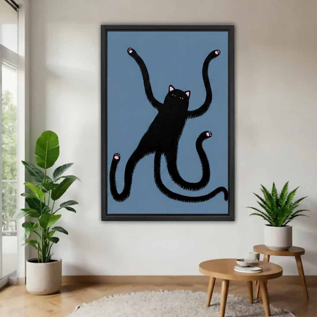 Funny long arm black cat framed canvas wall art with blue background, quirky black cat stretching arms wide, humorous home decor print