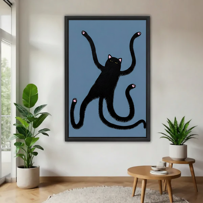 Funny long arm black cat framed canvas wall art with blue background, quirky black cat stretching arms wide, humorous home decor print