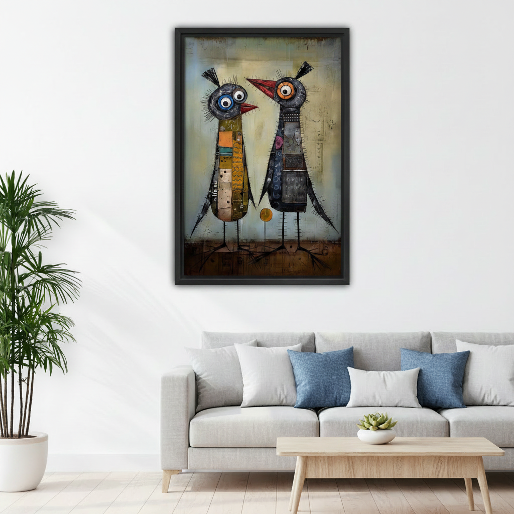 Eclectic mixed media bird wall art print in bedroom above bed, quirky outsider art canvas decor for creative living space