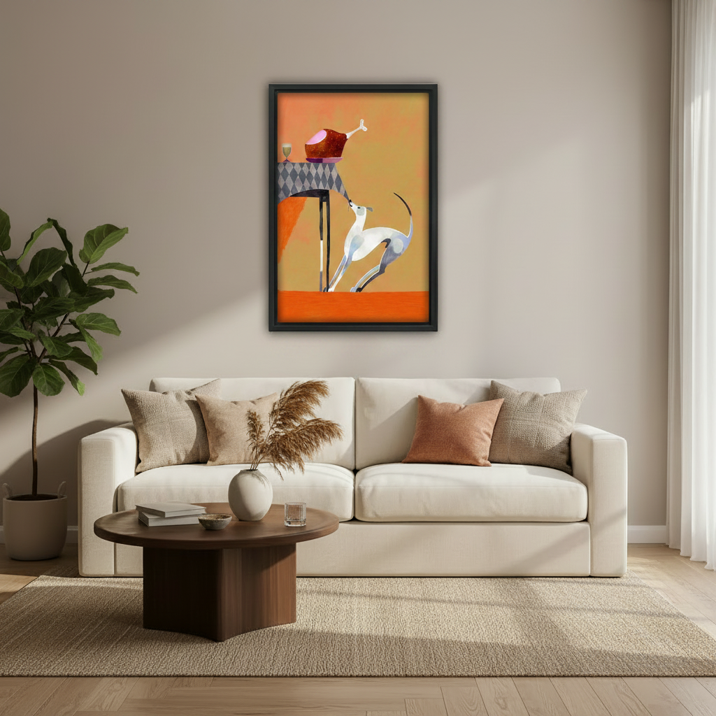 Funny greyhound dog wall art print in bedroom – whimsical orange canvas decor