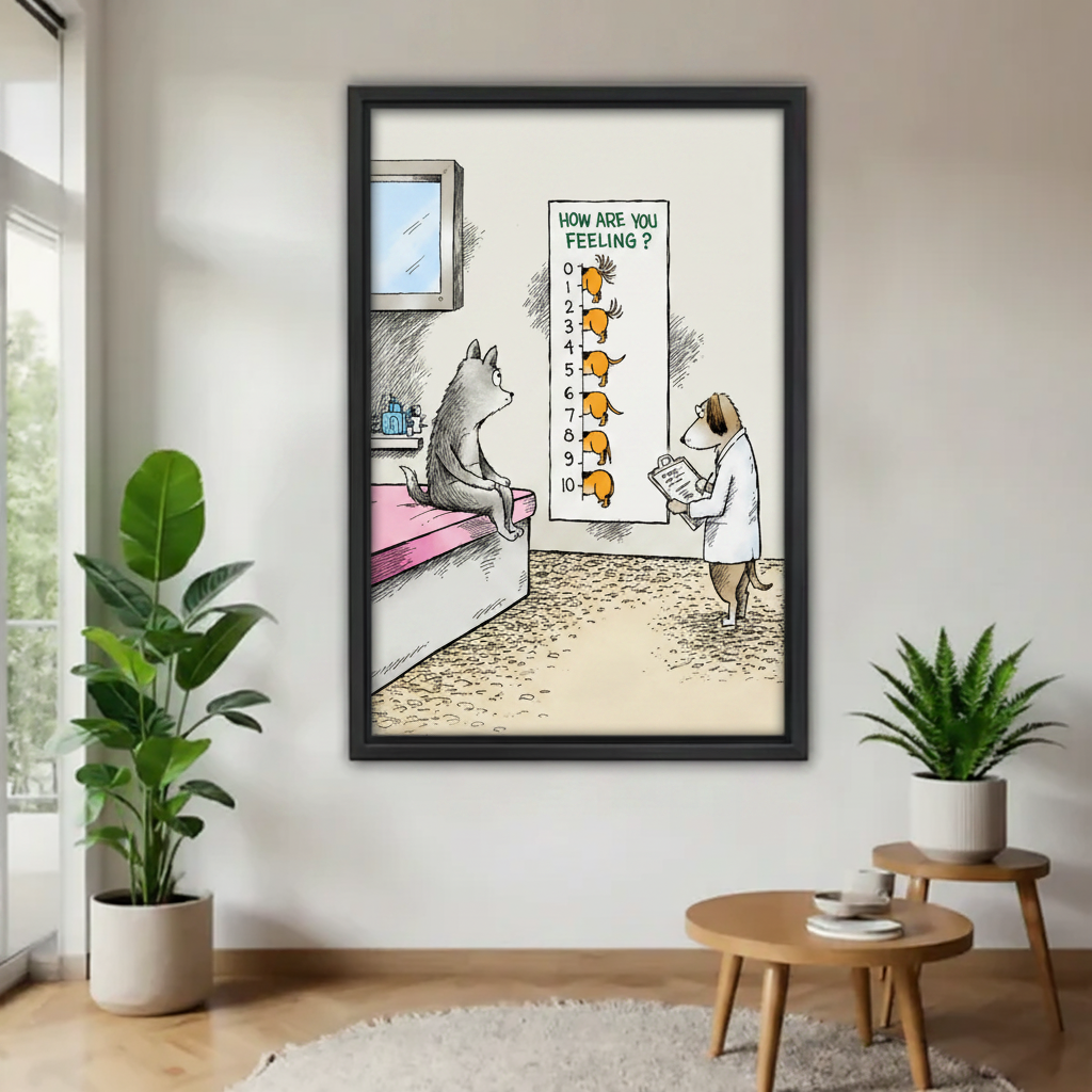 Funny dog doctor and cat patient cartoon canvas wall art in black frame — humorous pain scale illustration, witty animal wall decor for living room