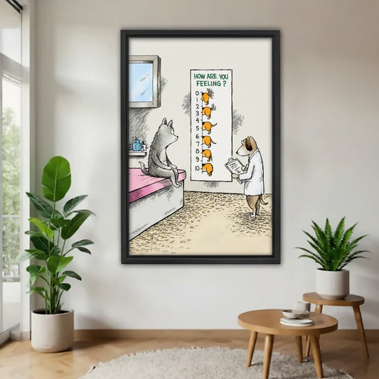 Funny dog doctor and cat patient cartoon canvas wall art in black frame — humorous pain scale illustration, witty animal wall decor for living room