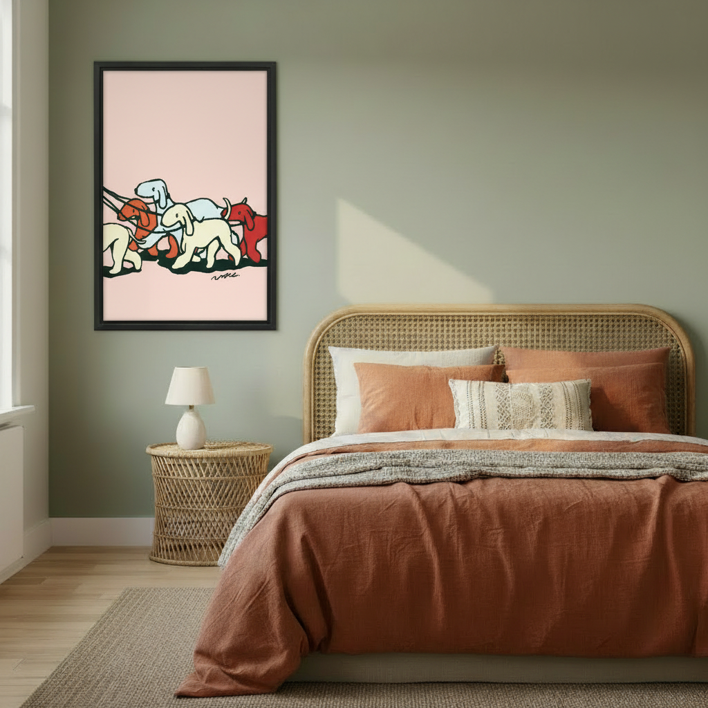 Dogs on leash minimalist line art framed print above linen bed – colorful animal wall art, modern bedroom decor