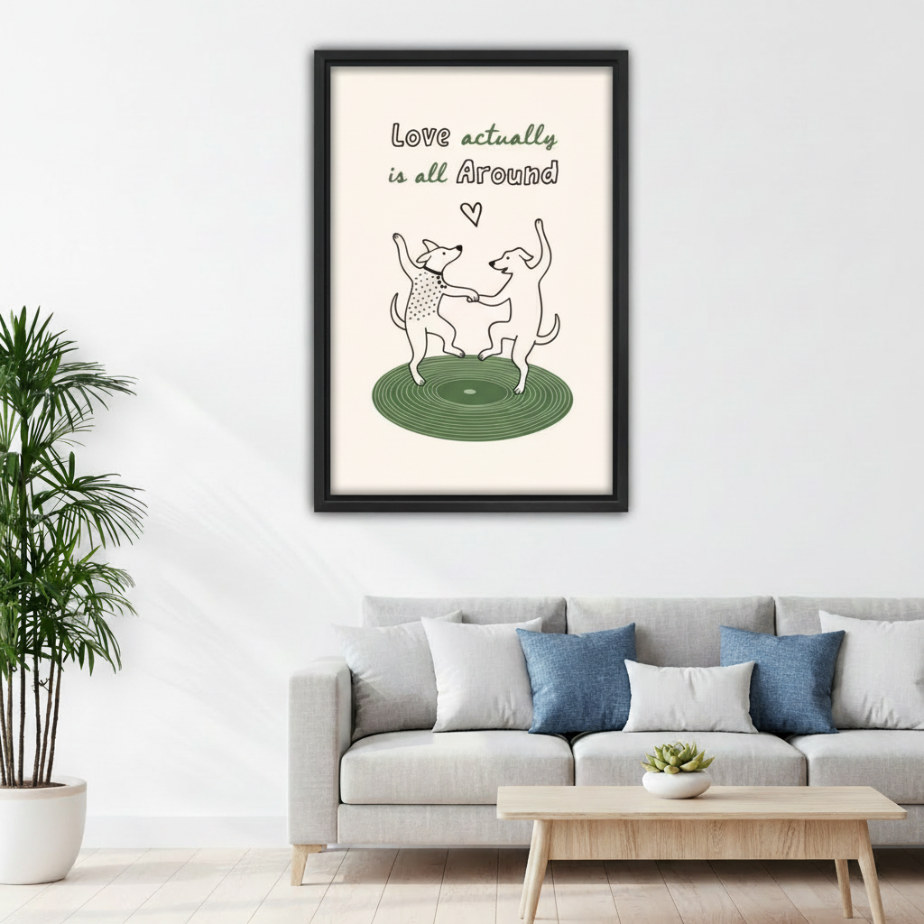 Minimalist dancing dogs love quote canvas print in cozy bedroom, cute dog wall art for couples and dog lovers