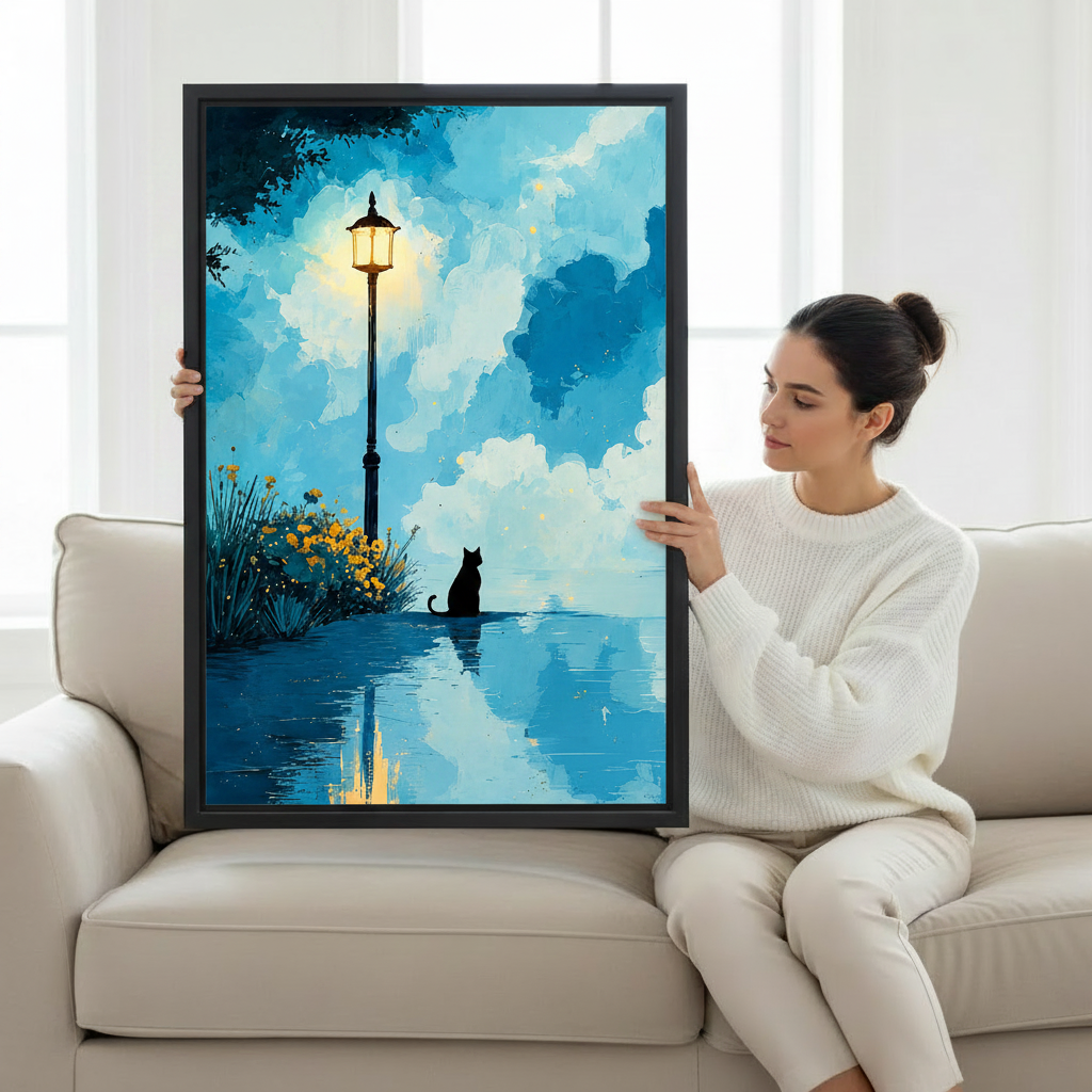 Blue cat wall art print in black frame, dreamy night landscape with black cat and yellow flowers