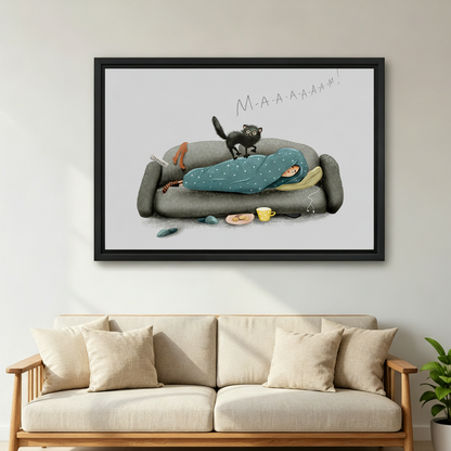 Funny cat wall art canvas print close-up — cat waking owner illustration perfect for pet lover home decor