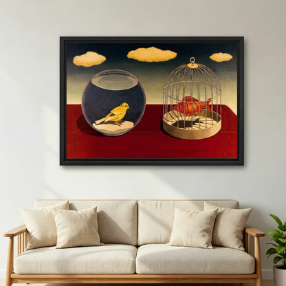Surrealist bird fish swap canvas wall art styled in modern living room — eclectic dreamlike wall decor
