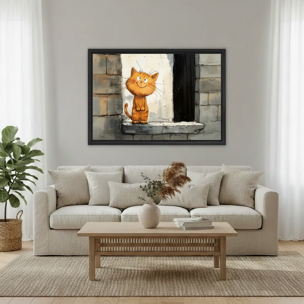 Funny Orange Cat Canvas Wall Art - Framed Cat Painting for Living Room