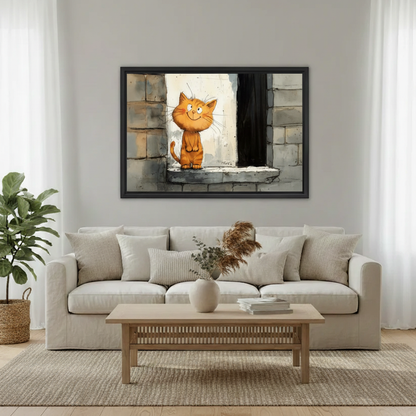 Funny Orange Cat Canvas Wall Art - Framed Cat Painting for Living Room