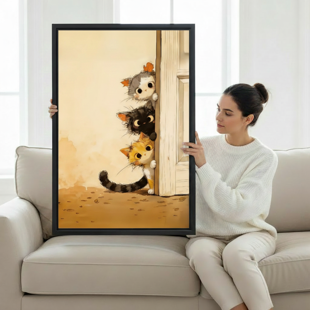 Woman admiring cute peeking cats canvas wall art print on white wall, whimsical cat illustration in living room