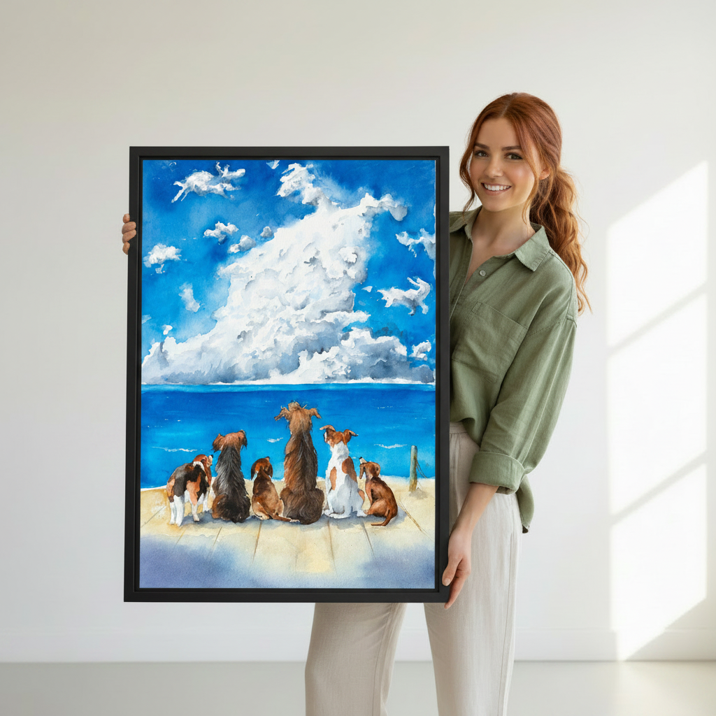 Woman holding dogs ocean view watercolor framed art print against white wall — heartwarming dog wall art lifestyle photo