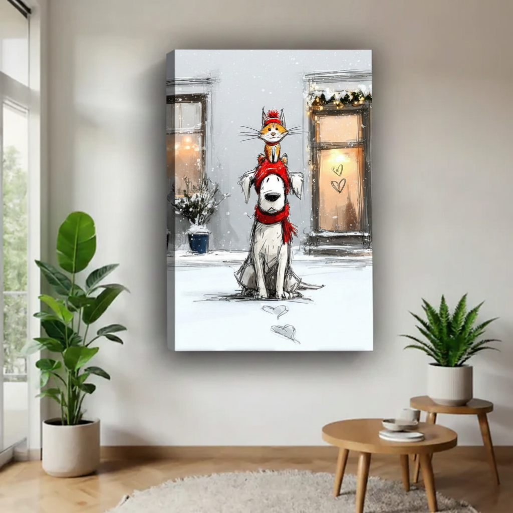 Cat and dog winter canvas art print — whimsical pet lover wall decor featuring cat and dog duo in Christmas snow scene