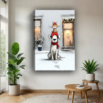 Cat and dog winter canvas art print — whimsical pet lover wall decor featuring cat and dog duo in Christmas snow scene