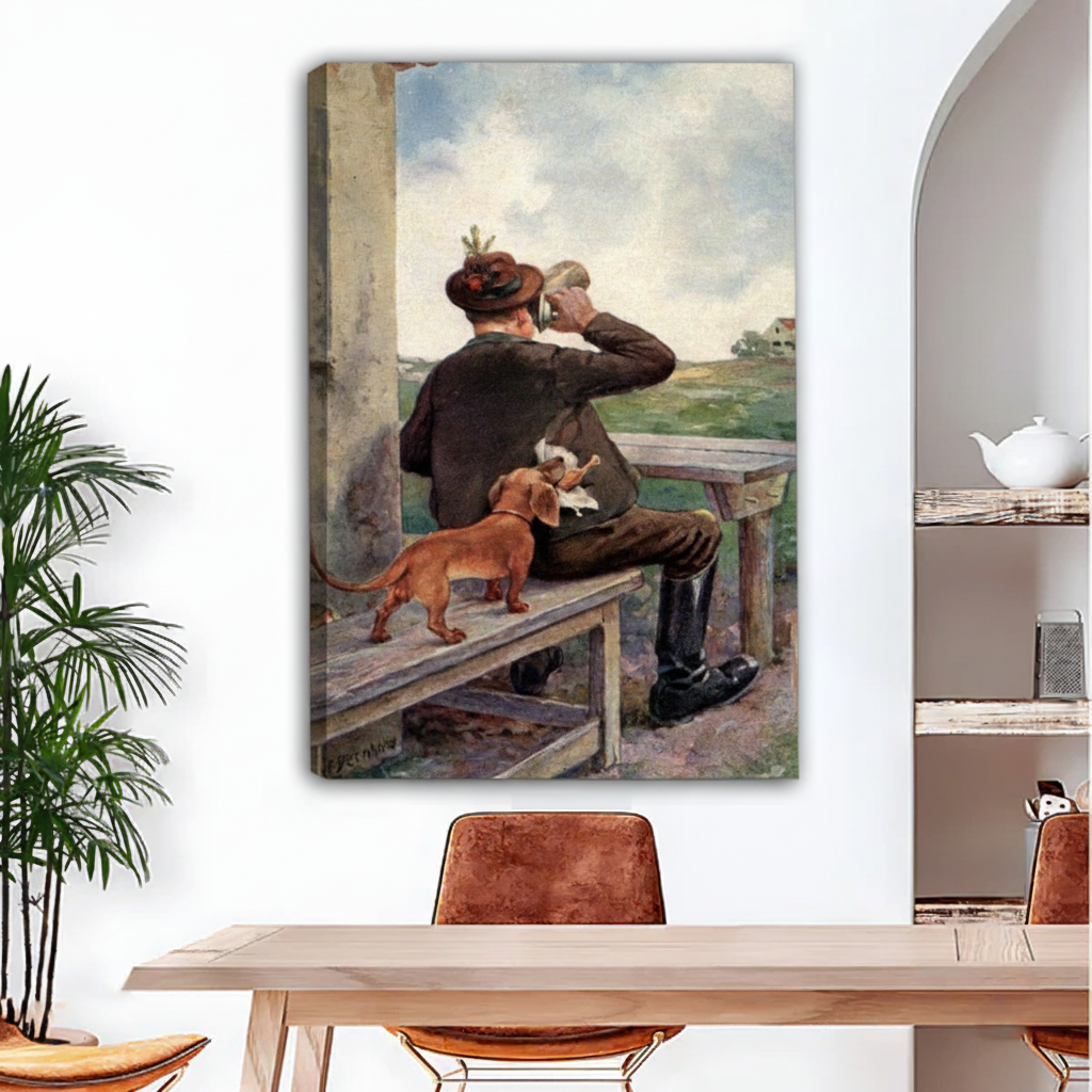 Classic hunter with dachshund canvas wall art no frame gallery wrap in dining room, vintage oil painting dog print for warm home decor
