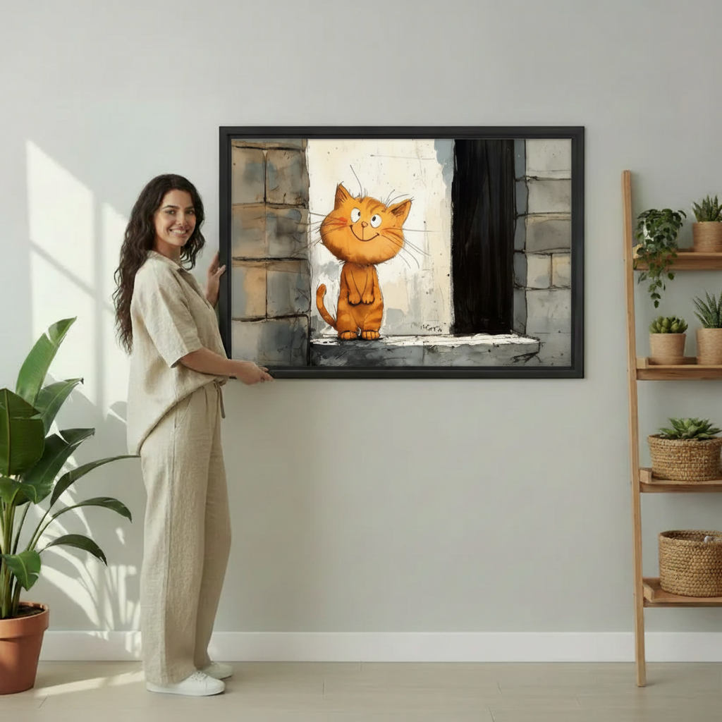 Funny Orange Cat Canvas Wall Art - Modern Cat Print for Bedroom Decor