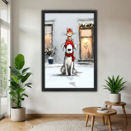 Cat and dog winter sketch wall art framed canvas print — orange cat sitting on white dog with red scarf in snowy street scene with heart doodles