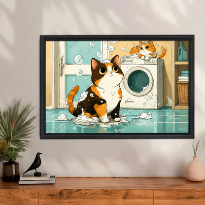 Funny anime cat wall art print, calico cat covered in soap bubbles in laundry room, black frame