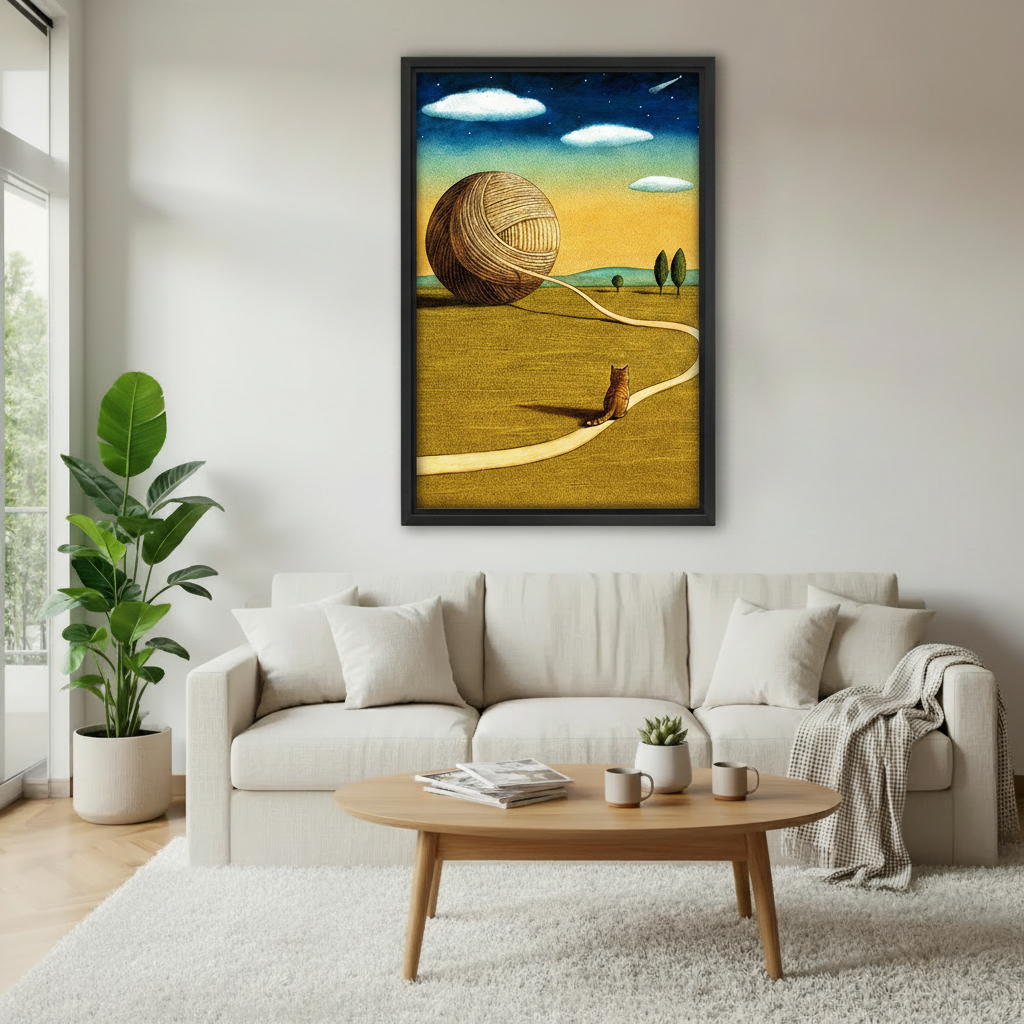 Cat yarn ball surreal golden landscape framed wall art – black frame, dreamy starry night scene, hung in cozy boho bedroom with rattan headboard and warm terracotta bedding