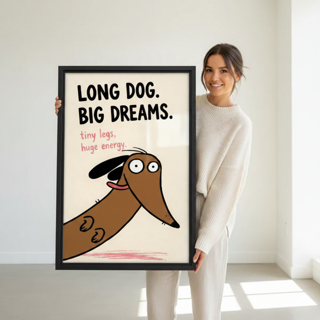 Dachshund funny canvas print — tiny legs huge energy cartoon dog, unique wall art for dog lovers