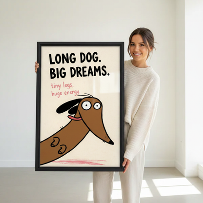 Dachshund funny canvas print — tiny legs huge energy cartoon dog, unique wall art for dog lovers
