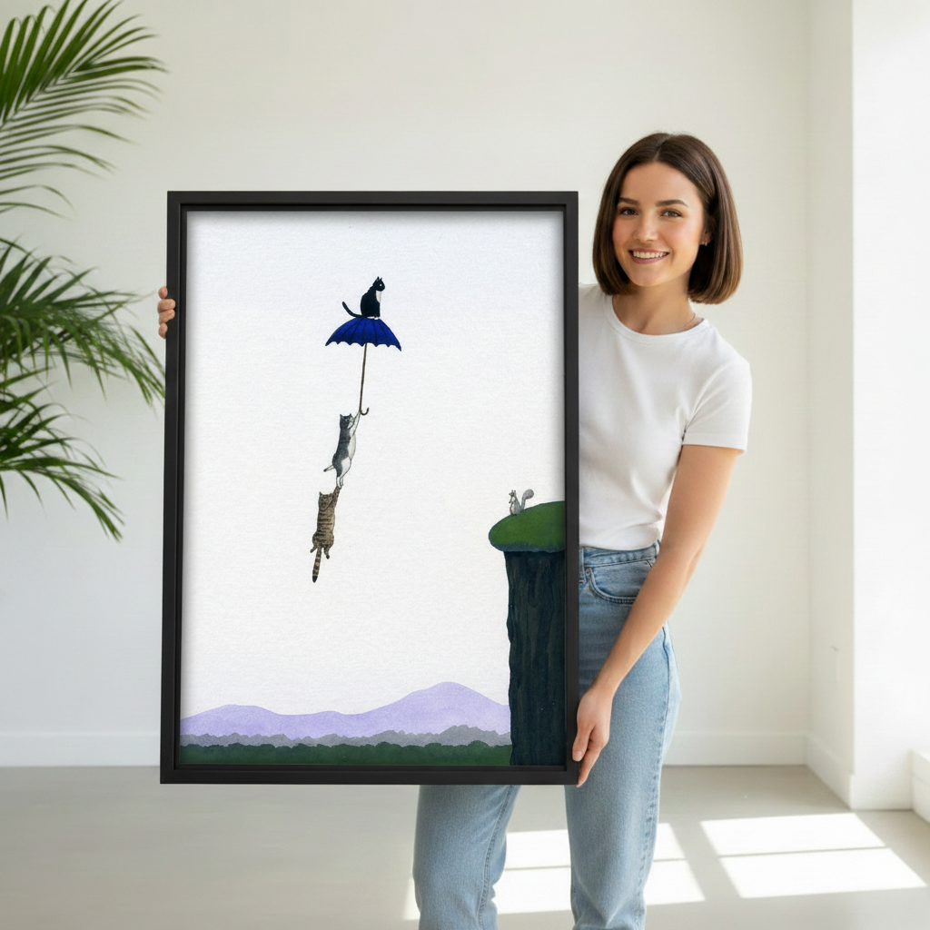 Hand holding surreal flying cats canvas print – whimsical umbrella cat wall art gift for cat lovers