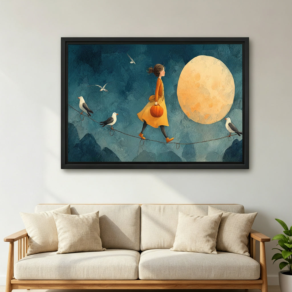 Whimsical moonlit girl tightrope and seagulls fantasy framed canvas wall art above sofa in living room