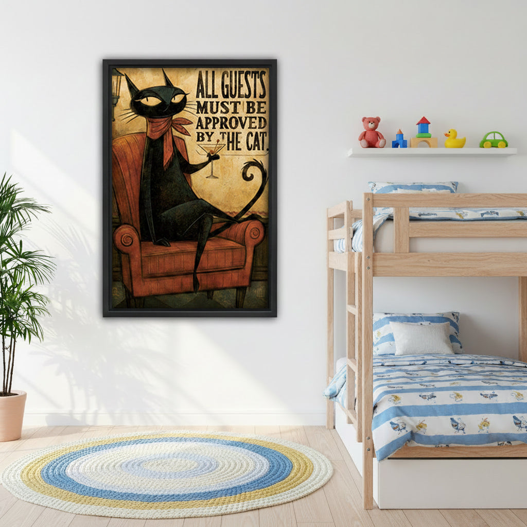 Humorous black cat in armchair funny gothic framed wall art on kids bedroom wall with bunk bed