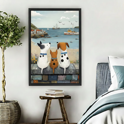 Three dogs sitting on stone wall watching harbor folk art wall art print in black frame above wooden stool in bedroom