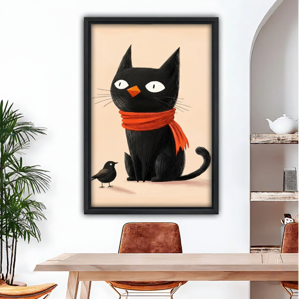 Funny black cat with orange beak and red scarf framed canvas wall art above dining table, peach background