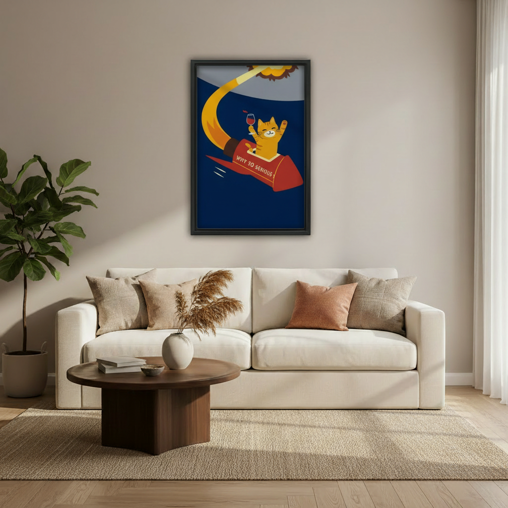 Why So Serious cat rocket wine retro wall art print, bold colorful cat home decor canvas